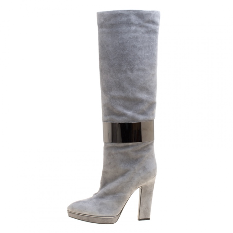 Pre Owned Sergio Rossi Grey Suede Metal Cuff Boots Size 41