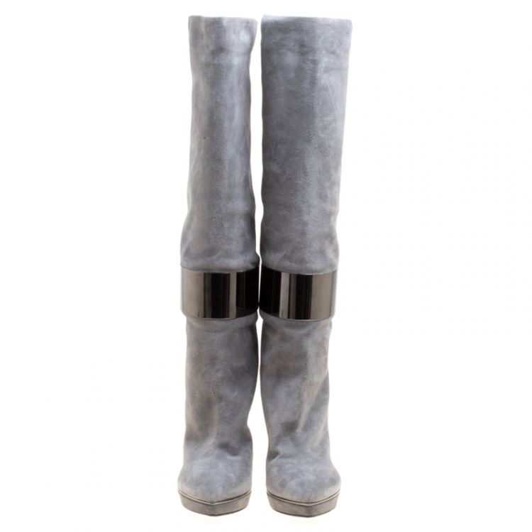 Pre Owned Sergio Rossi Grey Suede Metal Cuff Boots Size 41