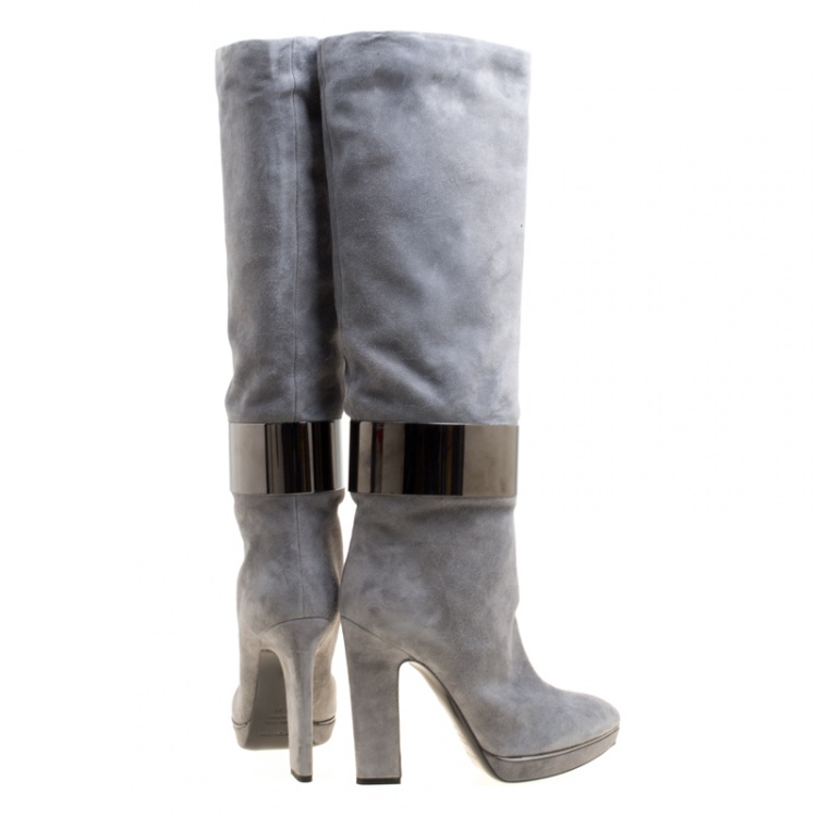 Pre Owned Sergio Rossi Grey Suede Metal Cuff Boots Size 41