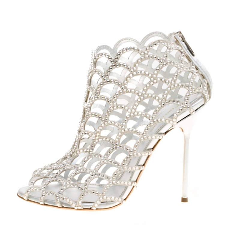 Pre Owned Sergio Rossi Silver Crystal Embellished Scalloped Suede Peep Toe Caged Booties Size 40