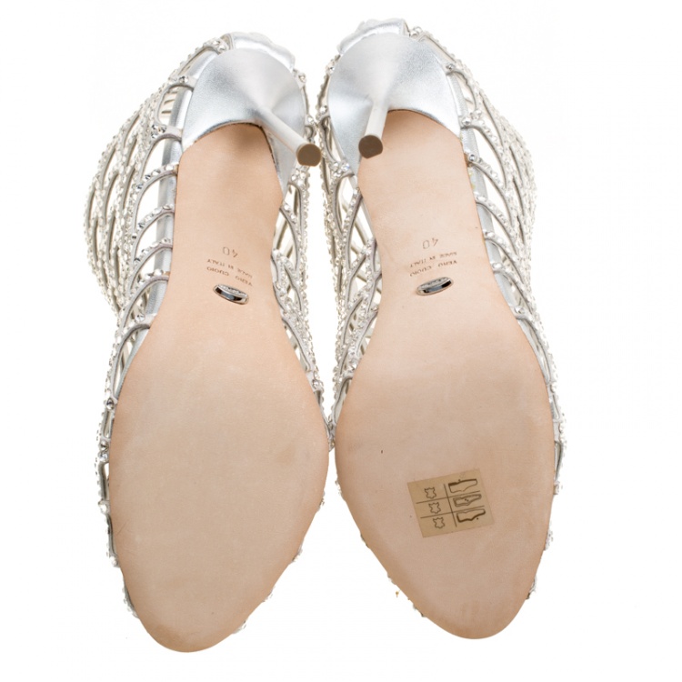 Pre Owned Sergio Rossi Silver Crystal Embellished Scalloped Suede Peep Toe Caged Booties Size 40