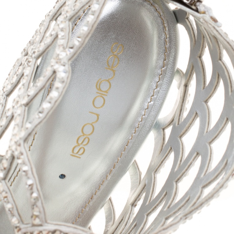 Pre Owned Sergio Rossi Silver Crystal Embellished Scalloped Suede Peep Toe Caged Booties Size 40