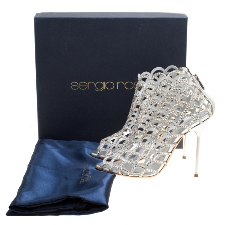 Pre Owned Sergio Rossi Silver Crystal Embellished Scalloped Suede Peep Toe Caged Booties Size 40