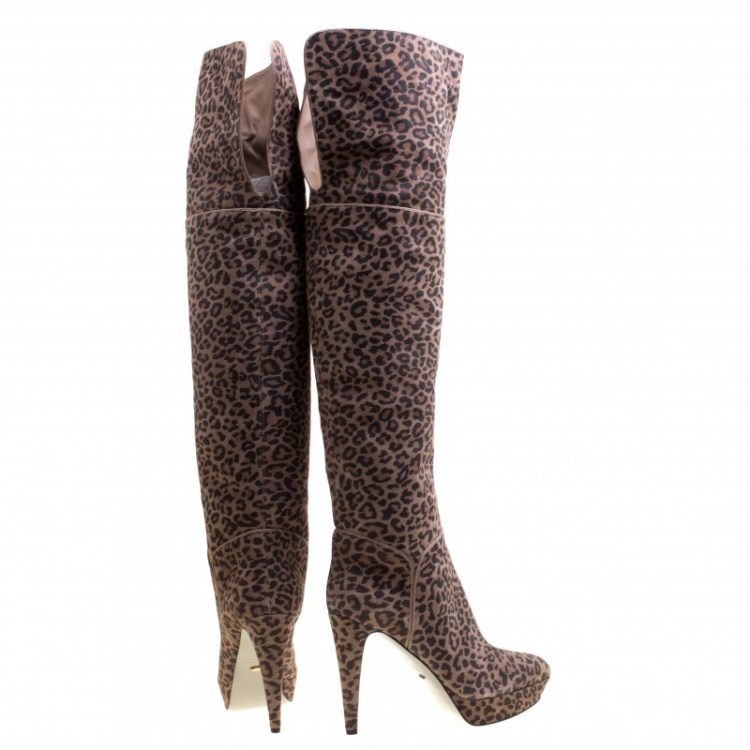 Pre Owned Sergio Rossi Taupe Leopard Print Suede Over The Knee Platform Boots Size 41