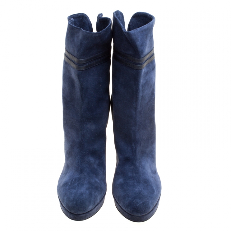 Pre Owned Sergio Rossi Dark Blue Suede Platform Boots Size 41
