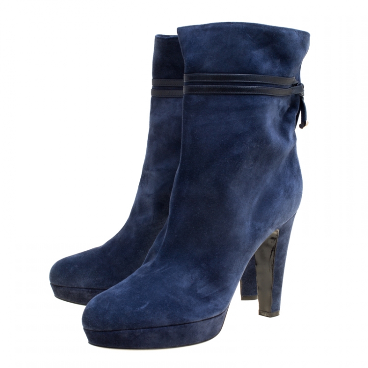 Pre Owned Sergio Rossi Dark Blue Suede Platform Boots Size 41