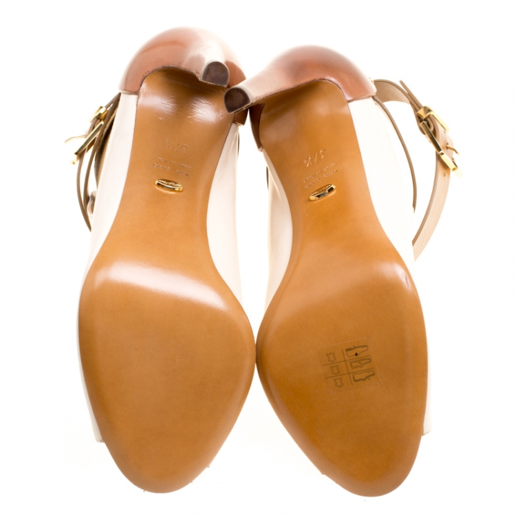 مملوكة مسبقًا Sergio Rossi Two Tone Leather Ankle Strap Peep Toe Mule Sandals Size 37.5