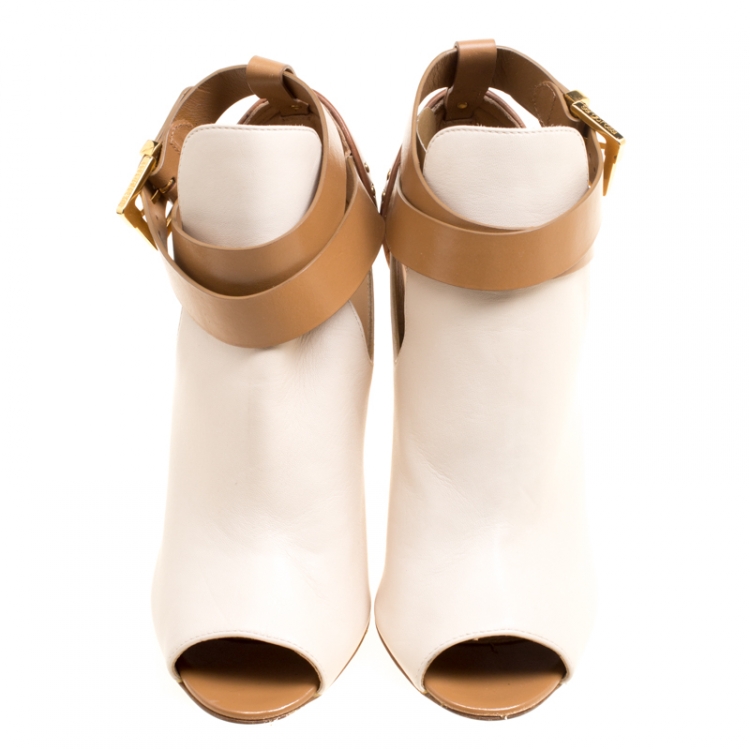 مملوكة مسبقًا Sergio Rossi Two Tone Leather Ankle Strap Peep Toe Mule Sandals Size 37.5