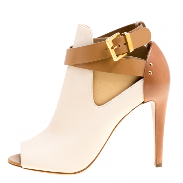 مملوكة مسبقًا Sergio Rossi Two Tone Leather Ankle Strap Peep Toe Mule Sandals Size 37.5