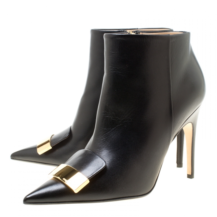 Pre Owned Sergio Rossi Black Leather Pointed Toe Ankle Boots Size 37