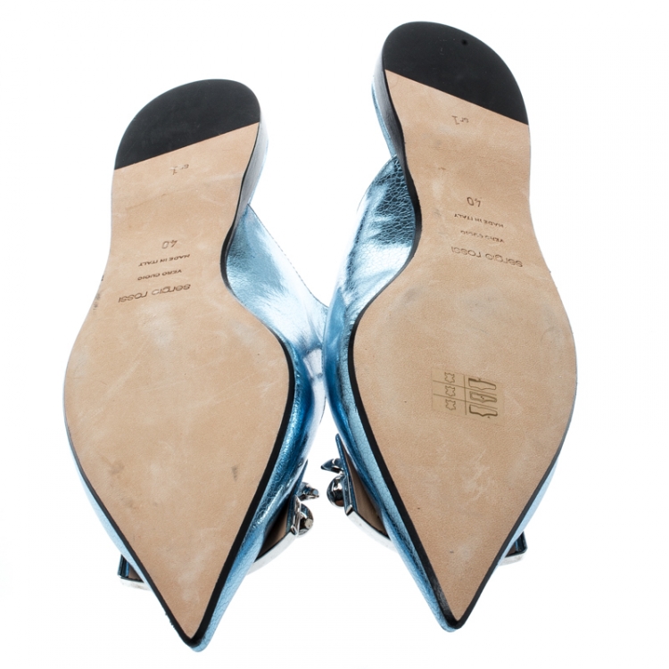Pre Owned Sergio Rossi Metallic Blue Textured Leather Flower Detail Pointed Toe Flat Mules Size 40