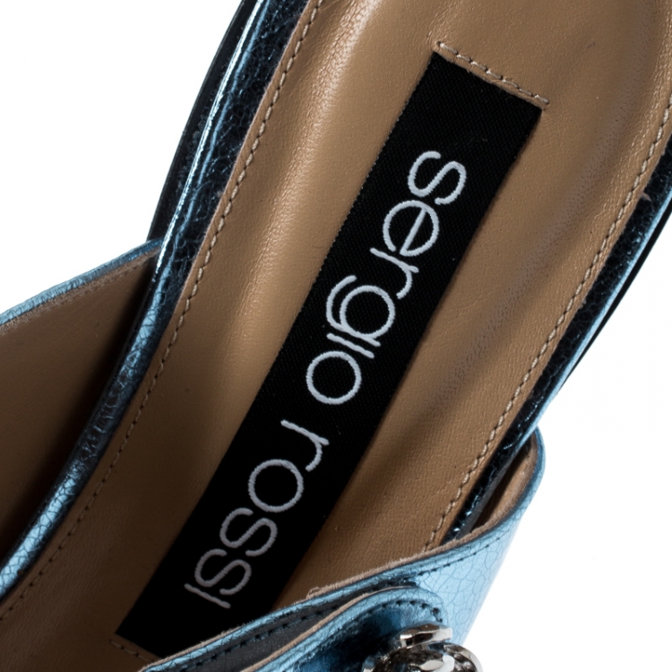 Pre Owned Sergio Rossi Metallic Blue Textured Leather Flower Detail Pointed Toe Flat Mules Size 40