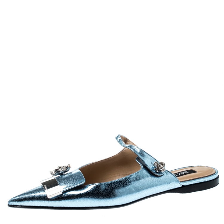 Pre Owned Sergio Rossi Metallic Blue Textured Leather Flower Detail Pointed Toe Flat Mules Size 40