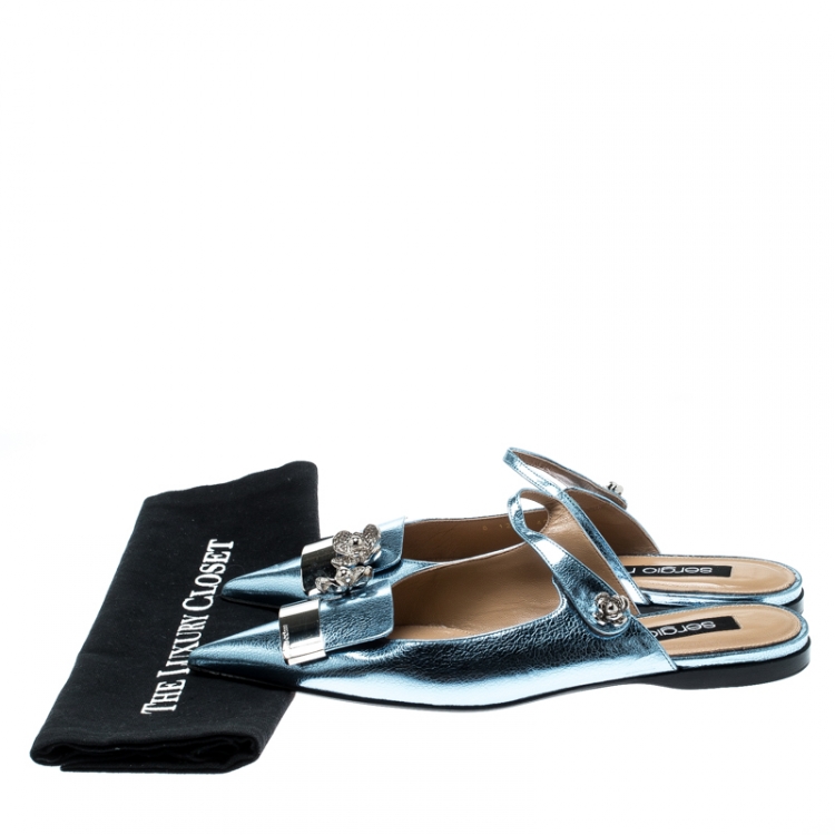 Pre Owned Sergio Rossi Metallic Blue Textured Leather Flower Detail Pointed Toe Flat Mules Size 40