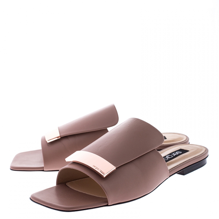 Pre Owned Sergio Rossi Beige Nude Leather SR1 Slide Flats Size 39