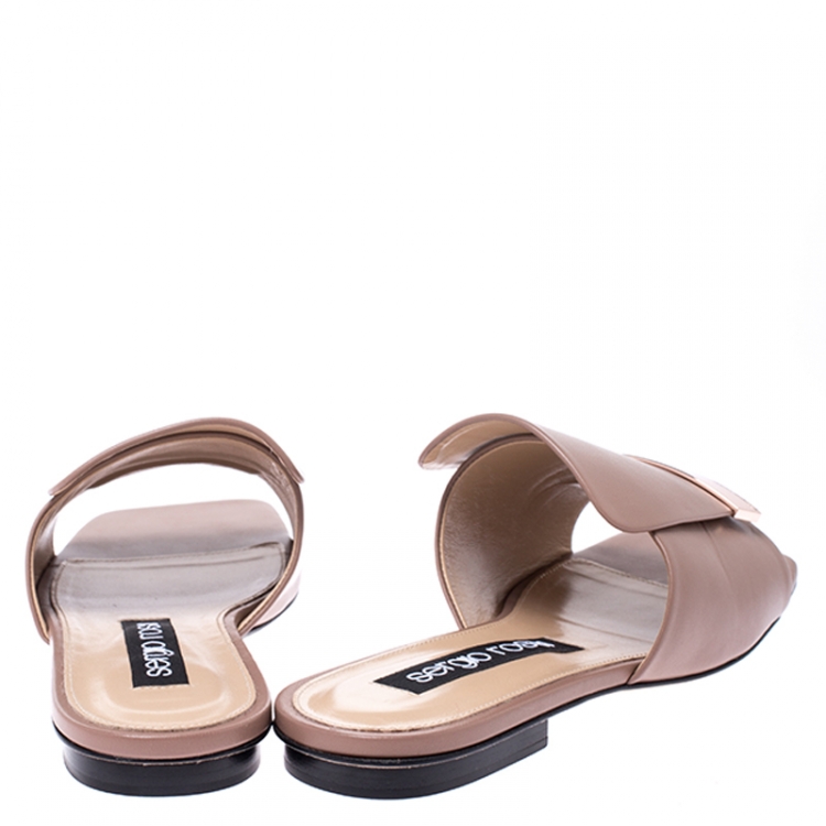 Pre Owned Sergio Rossi Beige Nude Leather SR1 Slide Flats Size 39