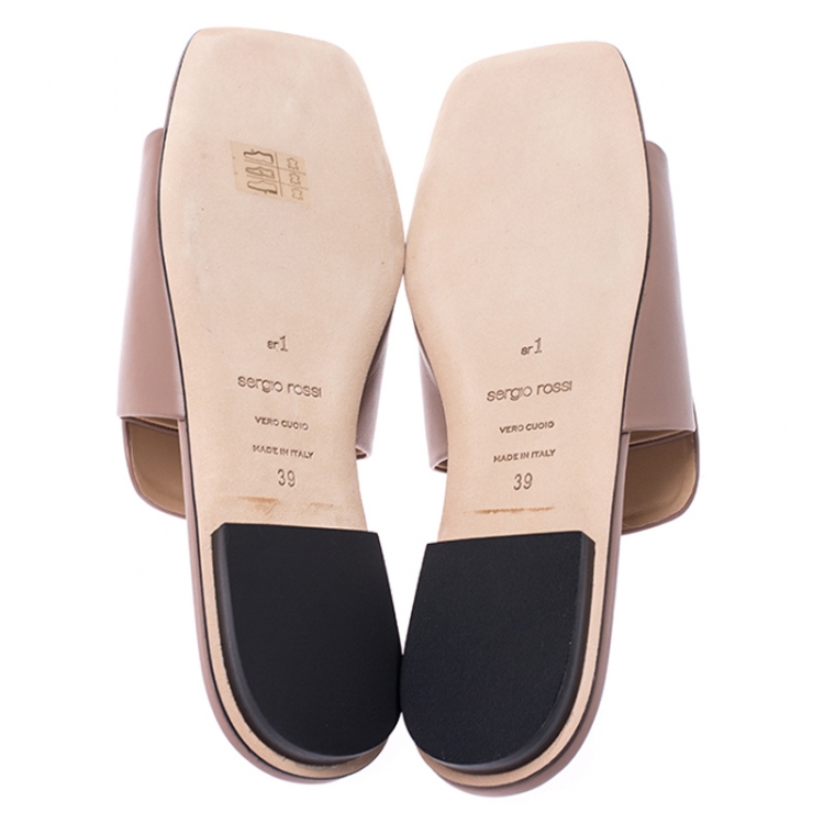 Pre Owned Sergio Rossi Beige Nude Leather SR1 Slide Flats Size 39