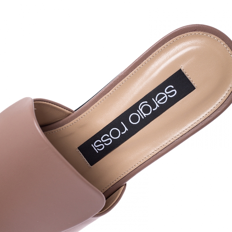 Pre Owned Sergio Rossi Beige Nude Leather SR1 Slide Flats Size 39