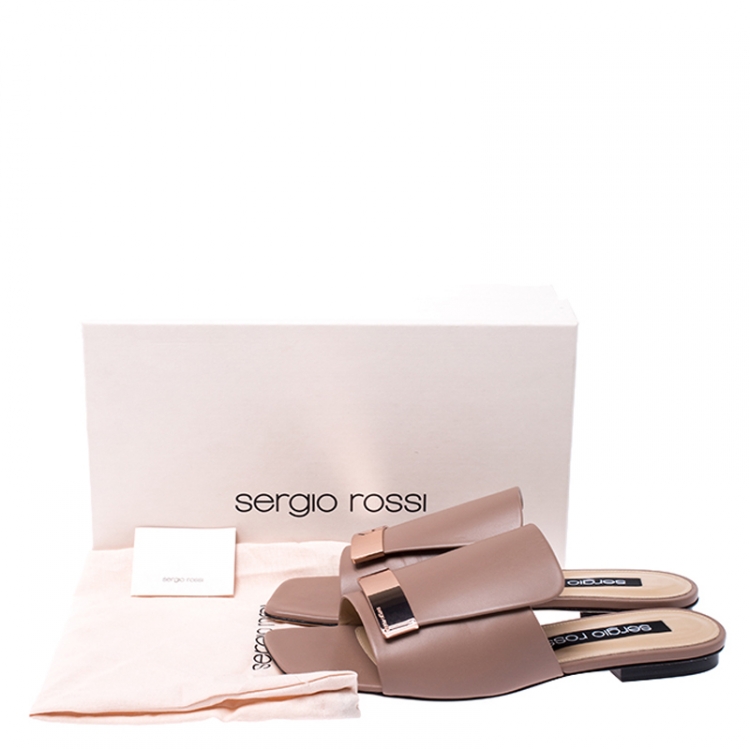 Pre Owned Sergio Rossi Beige Nude Leather SR1 Slide Flats Size 39