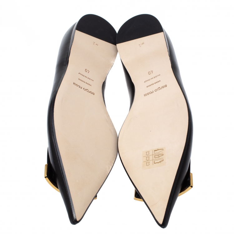 Pre Owned Sergio Rossi Black Leather Metal Plate Detail Pointed Toe Ballet Flats Size 40