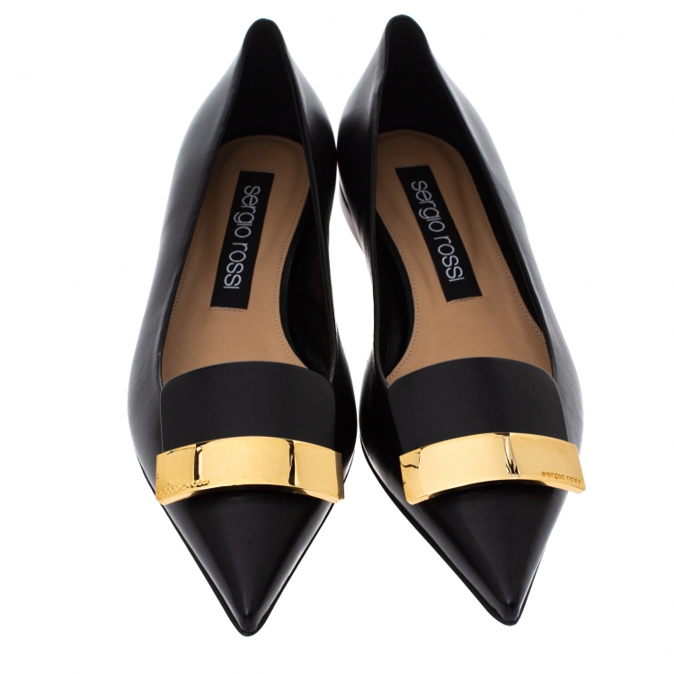 Pre Owned Sergio Rossi Black Leather Metal Plate Detail Pointed Toe Ballet Flats Size 40
