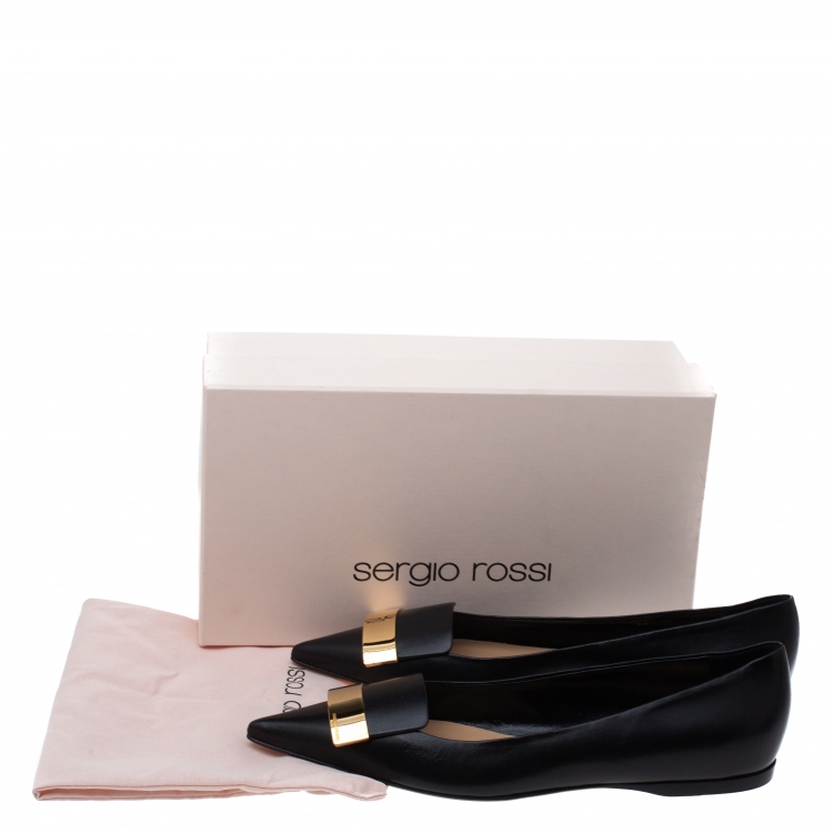 Pre Owned Sergio Rossi Black Leather Metal Plate Detail Pointed Toe Ballet Flats Size 40