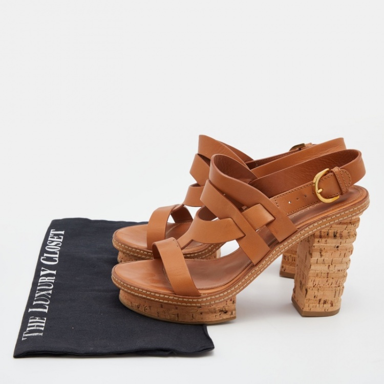 Pre Owned Sergio Rossi Brown Leather Cork Heel Strap Platform Sandals Size 39.5