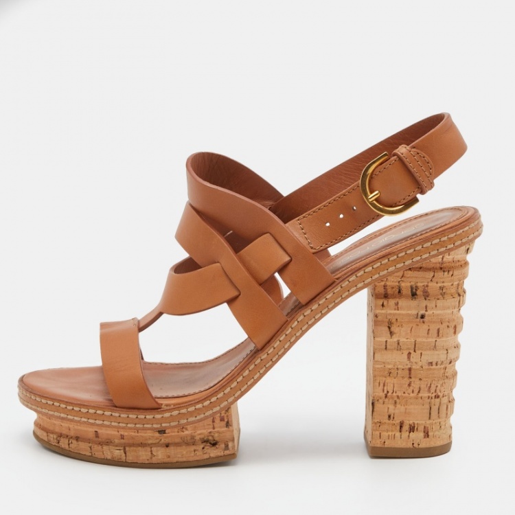Pre Owned Sergio Rossi Brown Leather Cork Heel Strap Platform Sandals Size 39.5