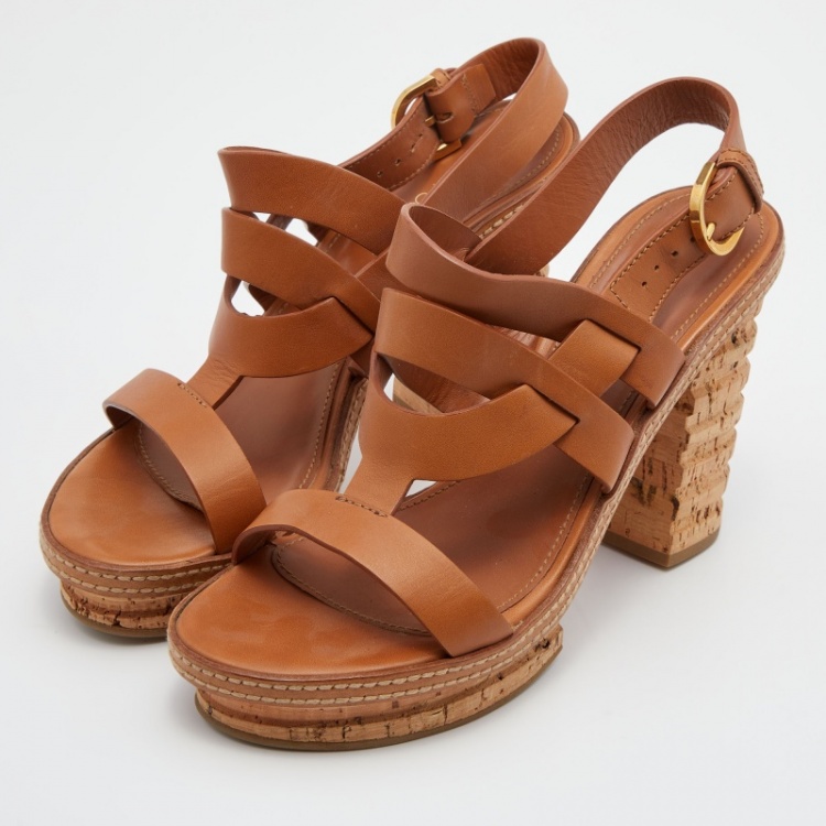 Pre Owned Sergio Rossi Brown Leather Cork Heel Strap Platform Sandals Size 39.5