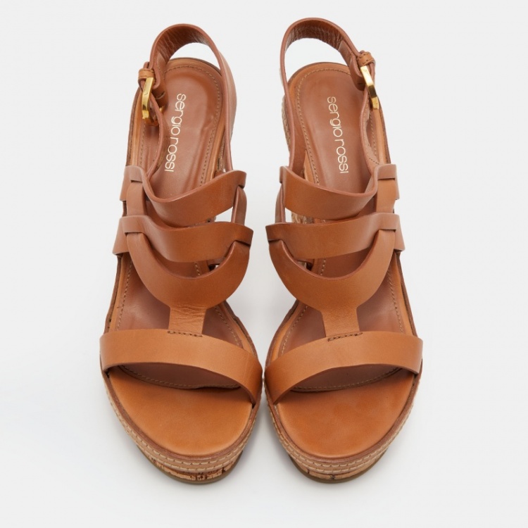 Pre Owned Sergio Rossi Brown Leather Cork Heel Strap Platform Sandals Size 39.5