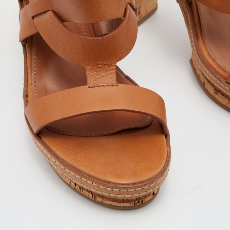 Pre Owned Sergio Rossi Brown Leather Cork Heel Strap Platform Sandals Size 39.5