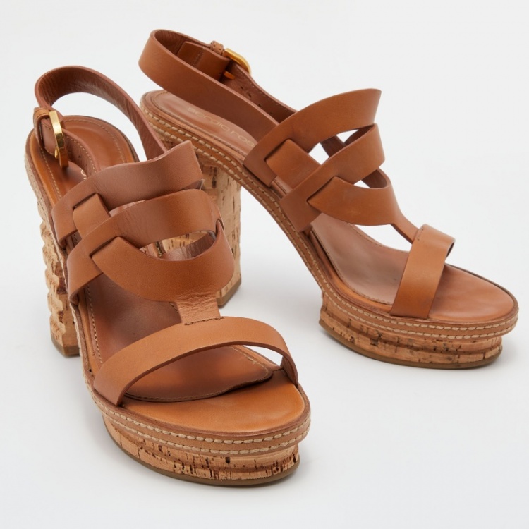 Pre Owned Sergio Rossi Brown Leather Cork Heel Strap Platform Sandals Size 39.5