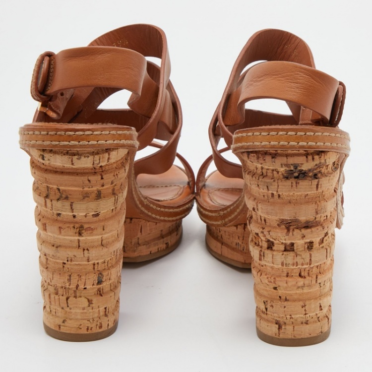Pre Owned Sergio Rossi Brown Leather Cork Heel Strap Platform Sandals Size 39.5