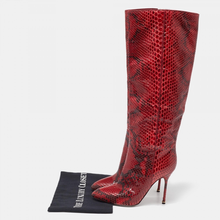 Pre Owned Sergio Rossi Red Python Calf Length Boots Size 36
