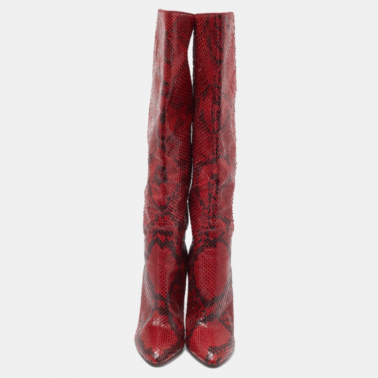 Pre Owned Sergio Rossi Red Python Calf Length Boots Size 36