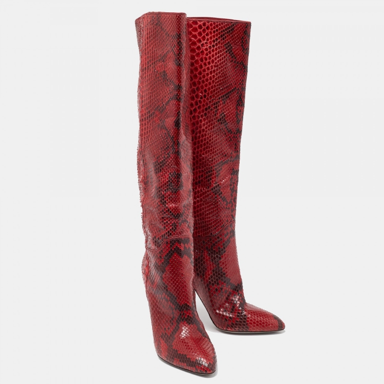 Pre Owned Sergio Rossi Red Python Calf Length Boots Size 36