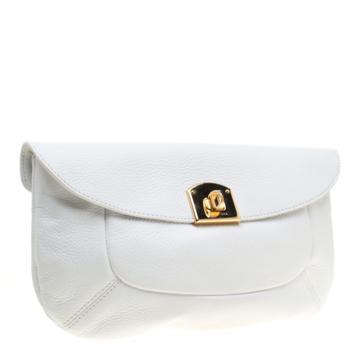 Pre Owned Sergio Rossi White Leather Envelope Clutch