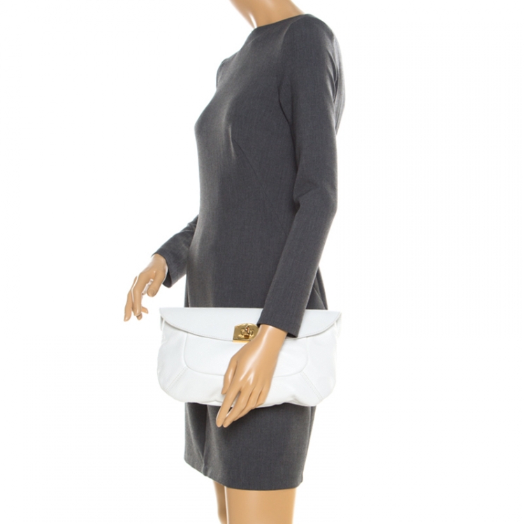 Pre Owned Sergio Rossi White Leather Envelope Clutch