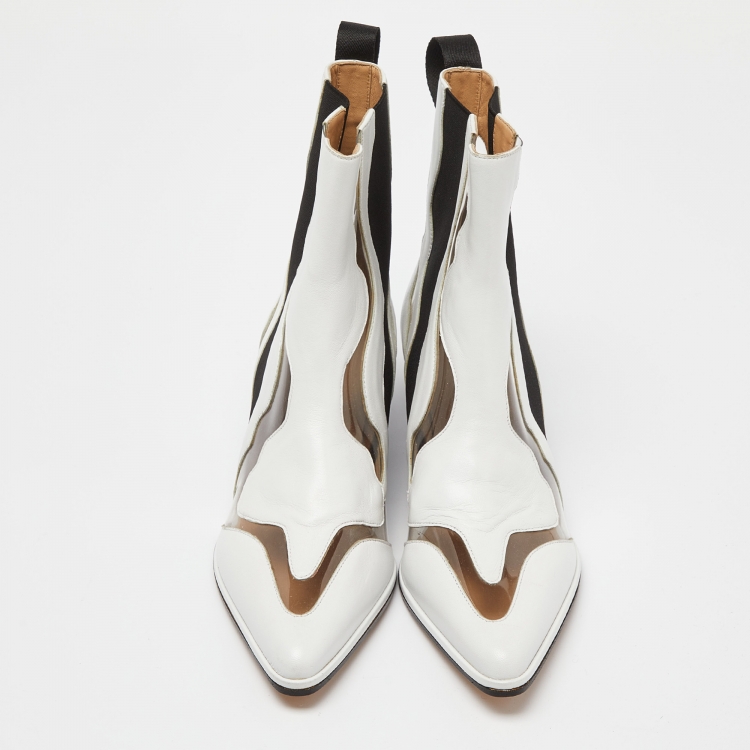 Pre Owned Sergio Rossi White Leather and PVC Pointed Toe Ankle Boots Size 40