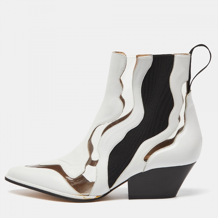 Pre Owned Sergio Rossi White Leather and PVC Pointed Toe Ankle Boots Size 40