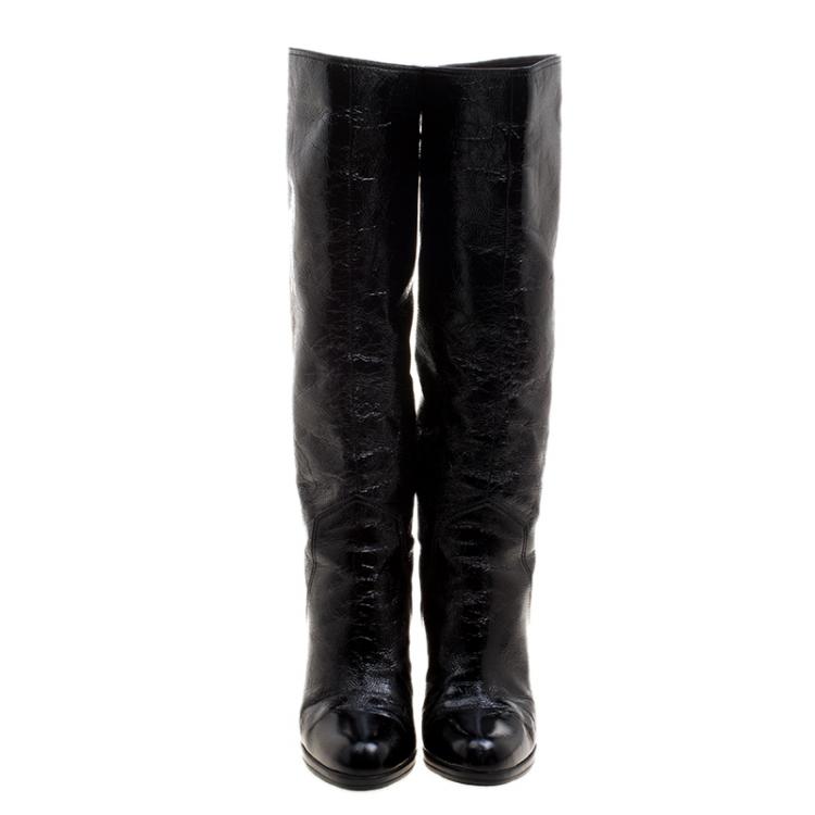 Pre Owned Sergio Rossi Black Patent Leather Knee High Boots Size 38