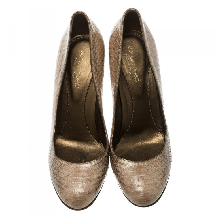 Pre Owned Sergio Rossi Beige Pearl Finish Python Leather Pumps Size 37