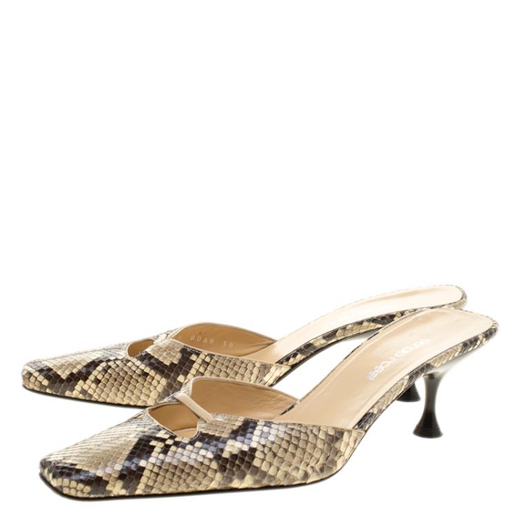 Pre Owned Sergio Rossi Beige Python Kitten Heels Mules Slides Size 38