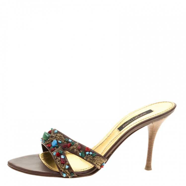 Pre Owned Sergio Rossi Brown Leather Beaded Slide Sandals Size 38