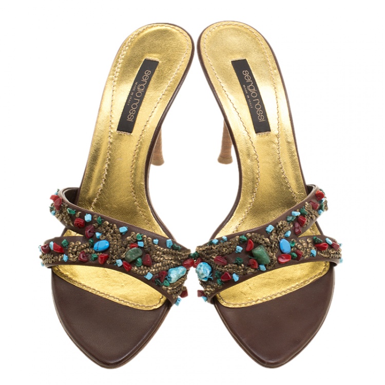 Pre Owned Sergio Rossi Brown Leather Beaded Slide Sandals Size 38