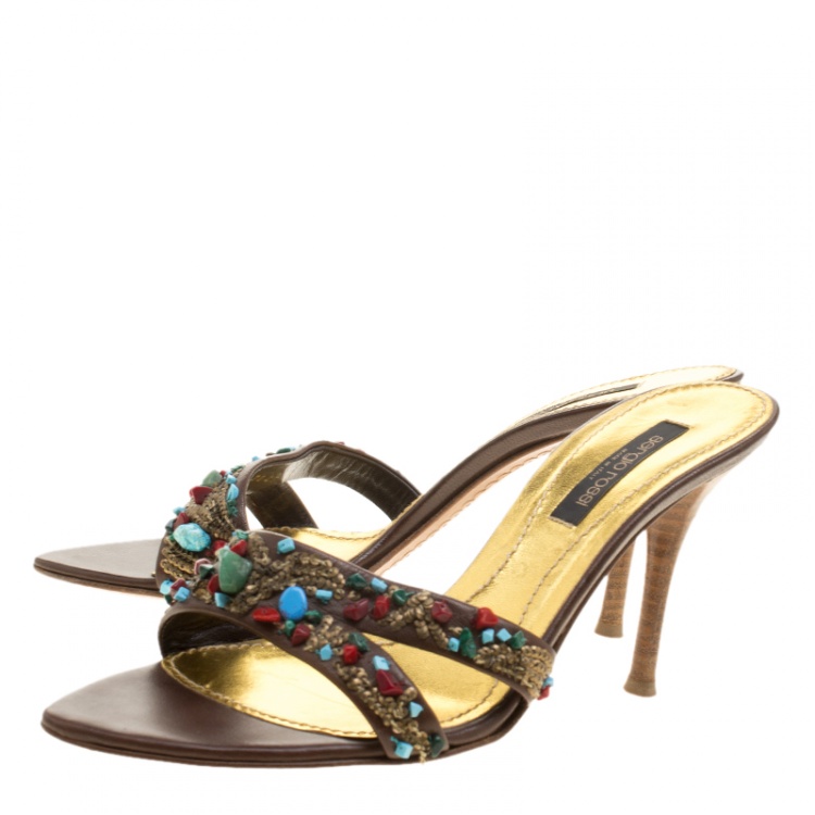 Pre Owned Sergio Rossi Brown Leather Beaded Slide Sandals Size 38
