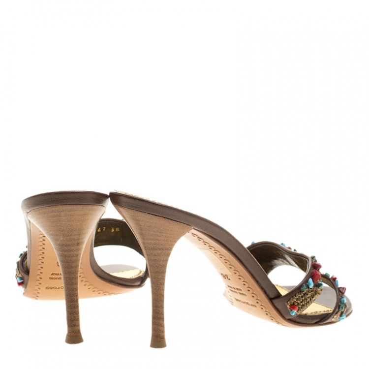 Pre Owned Sergio Rossi Brown Leather Beaded Slide Sandals Size 38