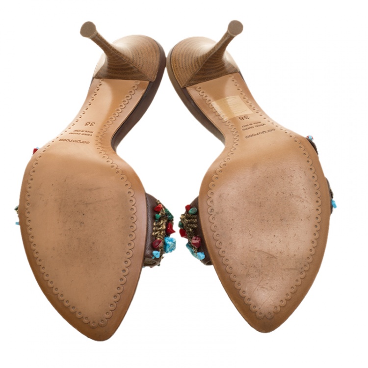 Pre Owned Sergio Rossi Brown Leather Beaded Slide Sandals Size 38