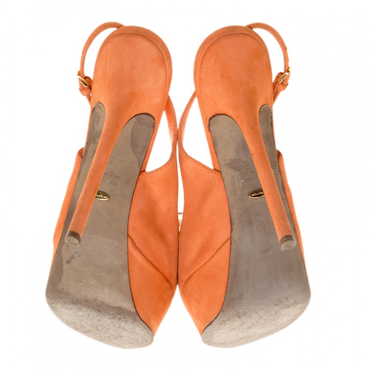 Pre Owned Sergio Rossi Orange Suede Cachet Peep Toe Platform Slingback Sandals Size 36