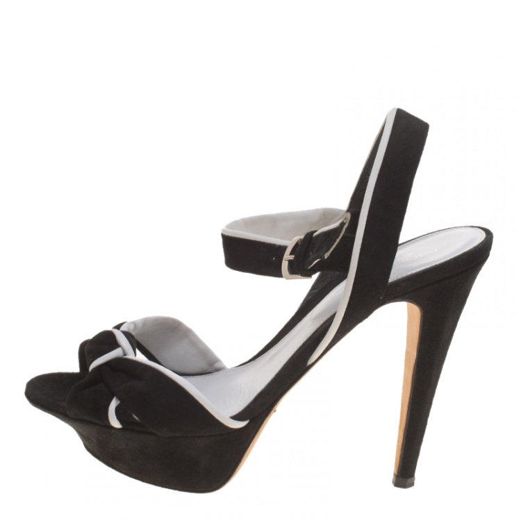 Pre Owned Sergio Rossi Monochrome Suede and Leather Knot Detail Peep Toe Slingback Platform Sandals Size 38